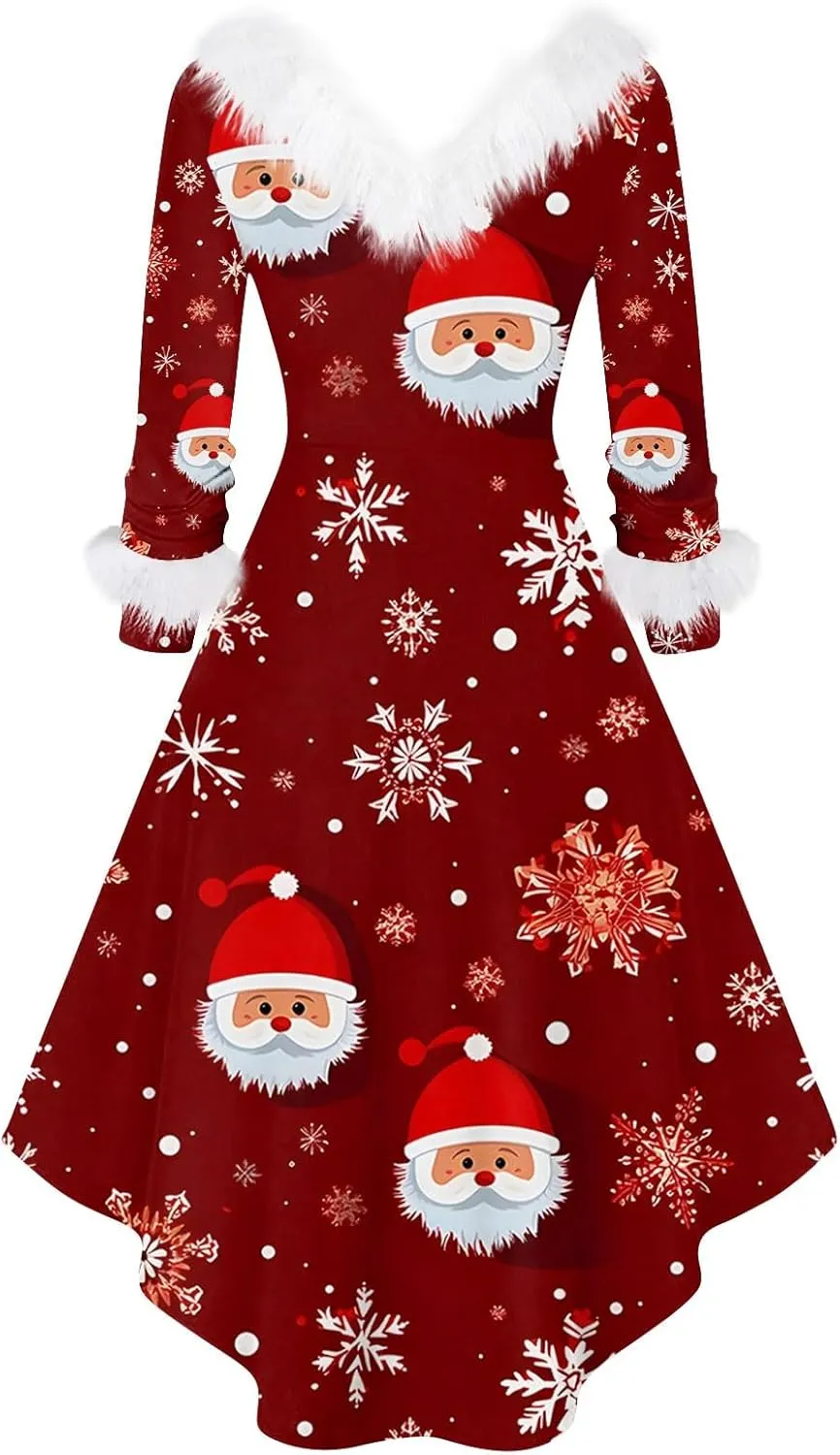 Womens V-Neck Party Dress Christmas Printed 2024 Long Sleeve Sexy Plush Holiday Winter Furry Collar Snowflake Dresses