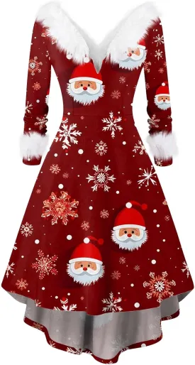 Womens V-Neck Party Dress Christmas Printed 2024 Long Sleeve Sexy Plush Holiday Winter Furry Collar Snowflake Dresses