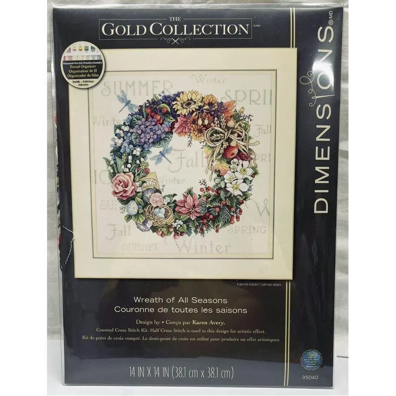 WREATH OF ALL SEASONS, Counted Cross Stitch Kit, 18 count ivory cotton Aida, DIMENSIONS, Gold Collection (35040)