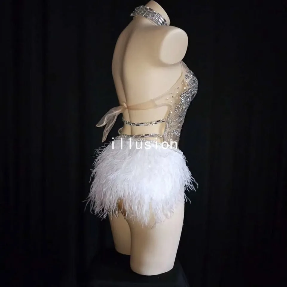 #X308 Lady Gaga- Sparkly Silver Crystals Mesh Showgirl Bodysuit with Feathers -Stage- Party- Dance Costume