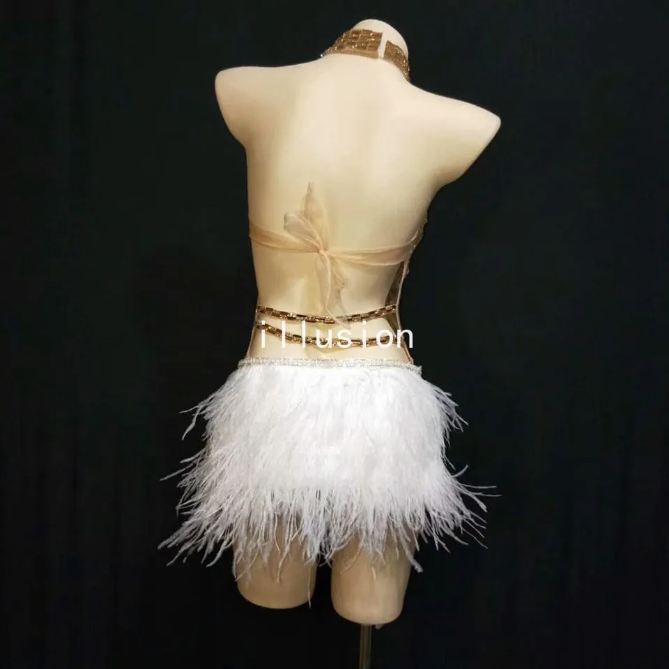 #X308 Lady Gaga- Sparkly Silver Crystals Mesh Showgirl Bodysuit with Feathers -Stage- Party- Dance Costume