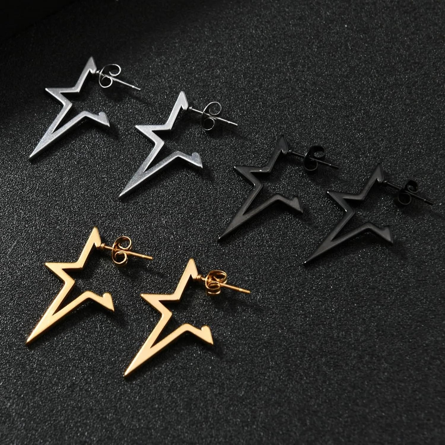 Y2K Spike Star Grunge Earrings Goth Stainless Steel Black Silver Gold Hollow Star Punk Small Dangling Stud Earrings Christmas Jewelry Gifts for Women