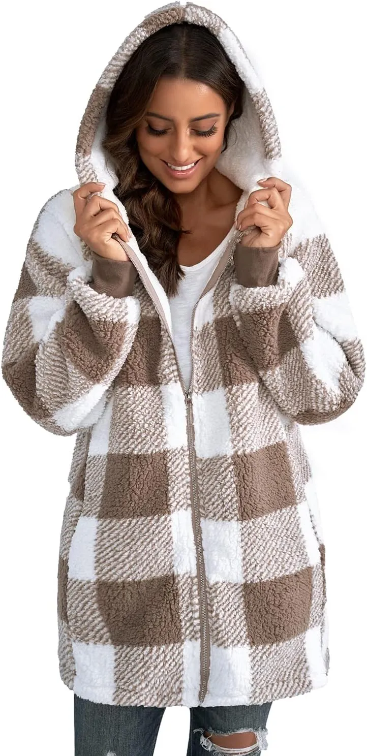 Yanekop Womens Oversized Sherpa Jacket Fuzzy Fleece Jackets Zip Up Outerwear Sweater Coat with Hood