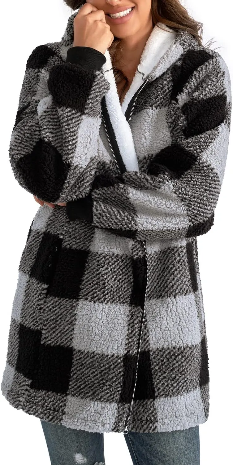 Yanekop Womens Oversized Sherpa Jacket Fuzzy Fleece Jackets Zip Up Outerwear Sweater Coat with Hood