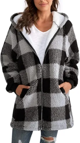 Yanekop Womens Oversized Sherpa Jacket Fuzzy Fleece Jackets Zip Up Outerwear Sweater Coat with Hood