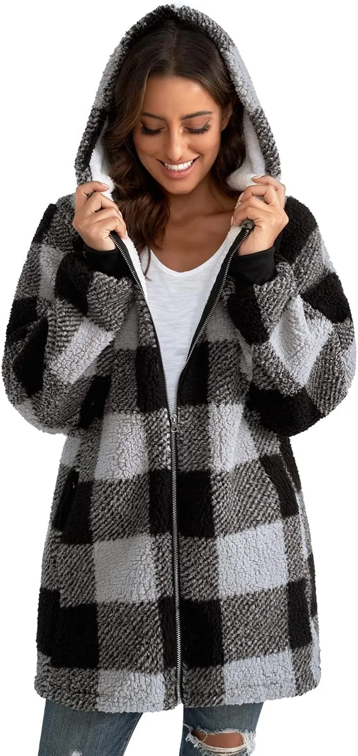 Yanekop Womens Oversized Sherpa Jacket Fuzzy Fleece Jackets Zip Up Outerwear Sweater Coat with Hood