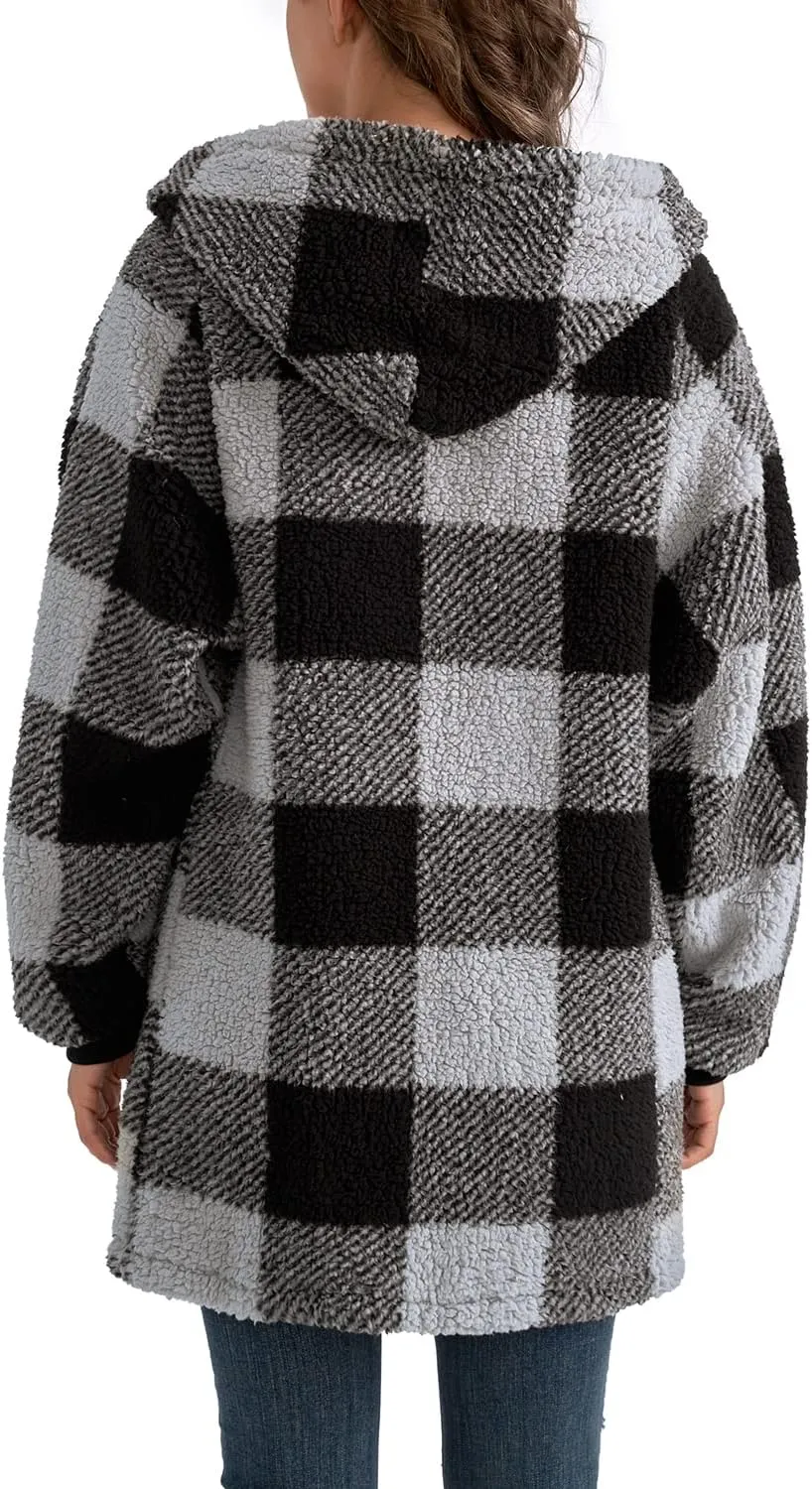 Yanekop Womens Oversized Sherpa Jacket Fuzzy Fleece Jackets Zip Up Outerwear Sweater Coat with Hood
