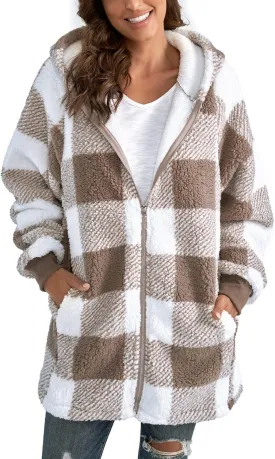 Yanekop Womens Oversized Sherpa Jacket Fuzzy Fleece Jackets Zip Up Outerwear Sweater Coat with Hood