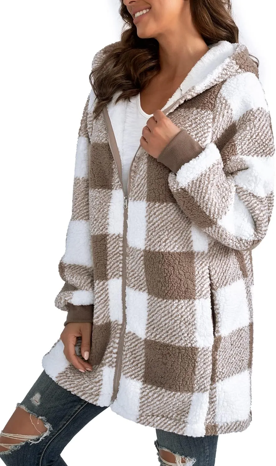 Yanekop Womens Oversized Sherpa Jacket Fuzzy Fleece Jackets Zip Up Outerwear Sweater Coat with Hood