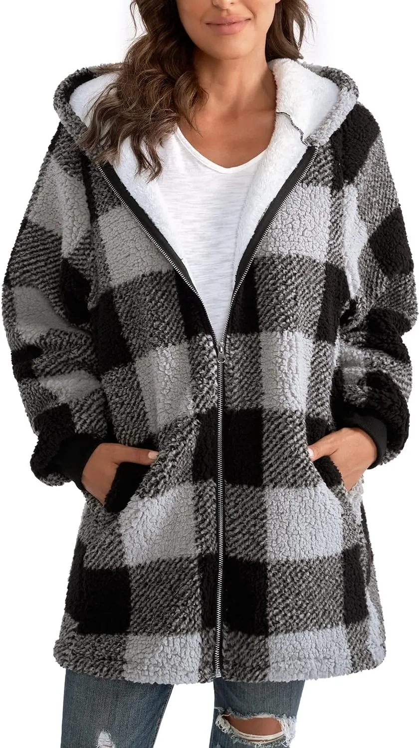Yanekop Womens Oversized Sherpa Jacket Fuzzy Fleece Jackets Zip Up Outerwear Sweater Coat with Hood