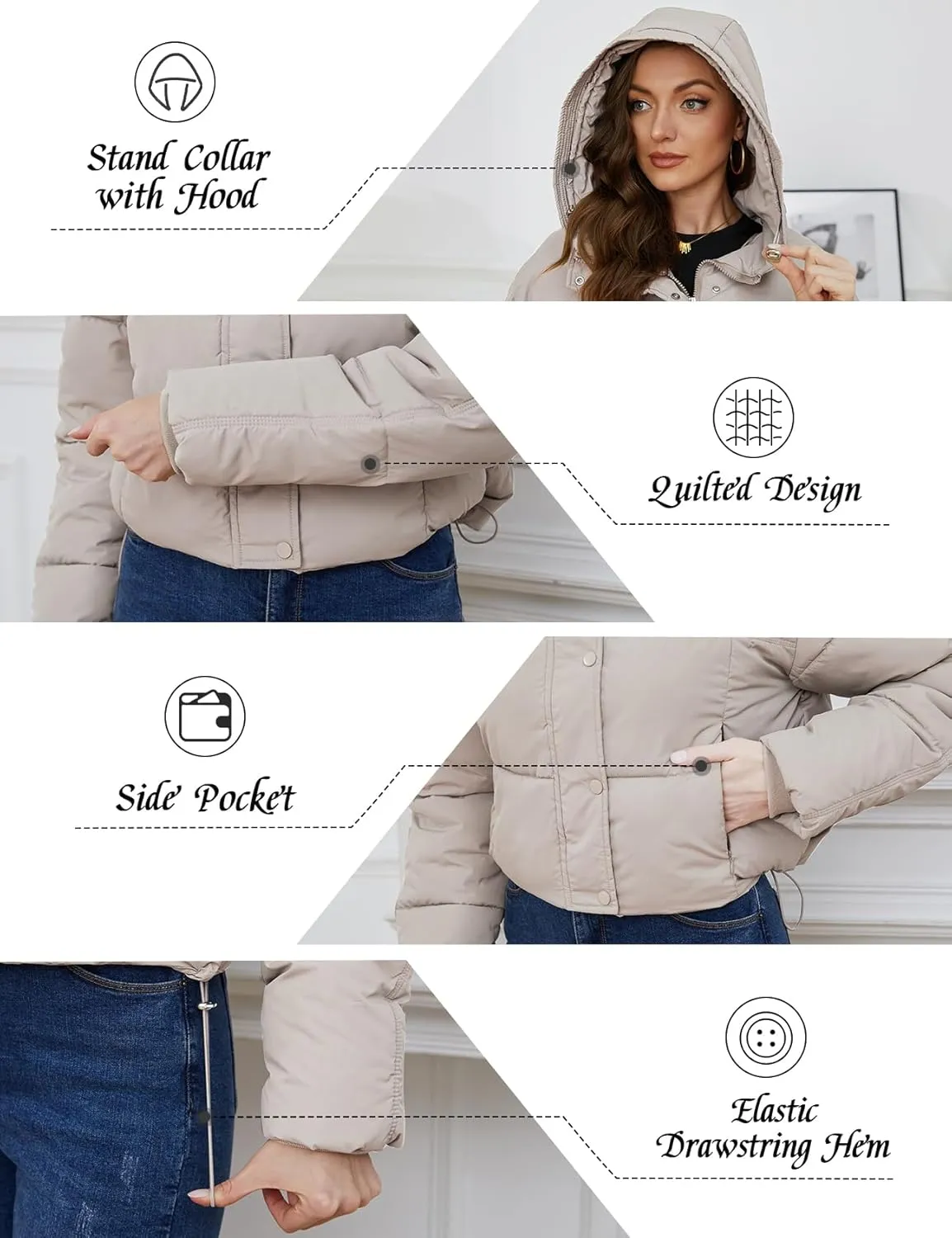 Yimoon Women's Cropped Puffer Jacket Hooded Zip Up Quilted Short Padded Coat Lightweight Winter Warm Outwear