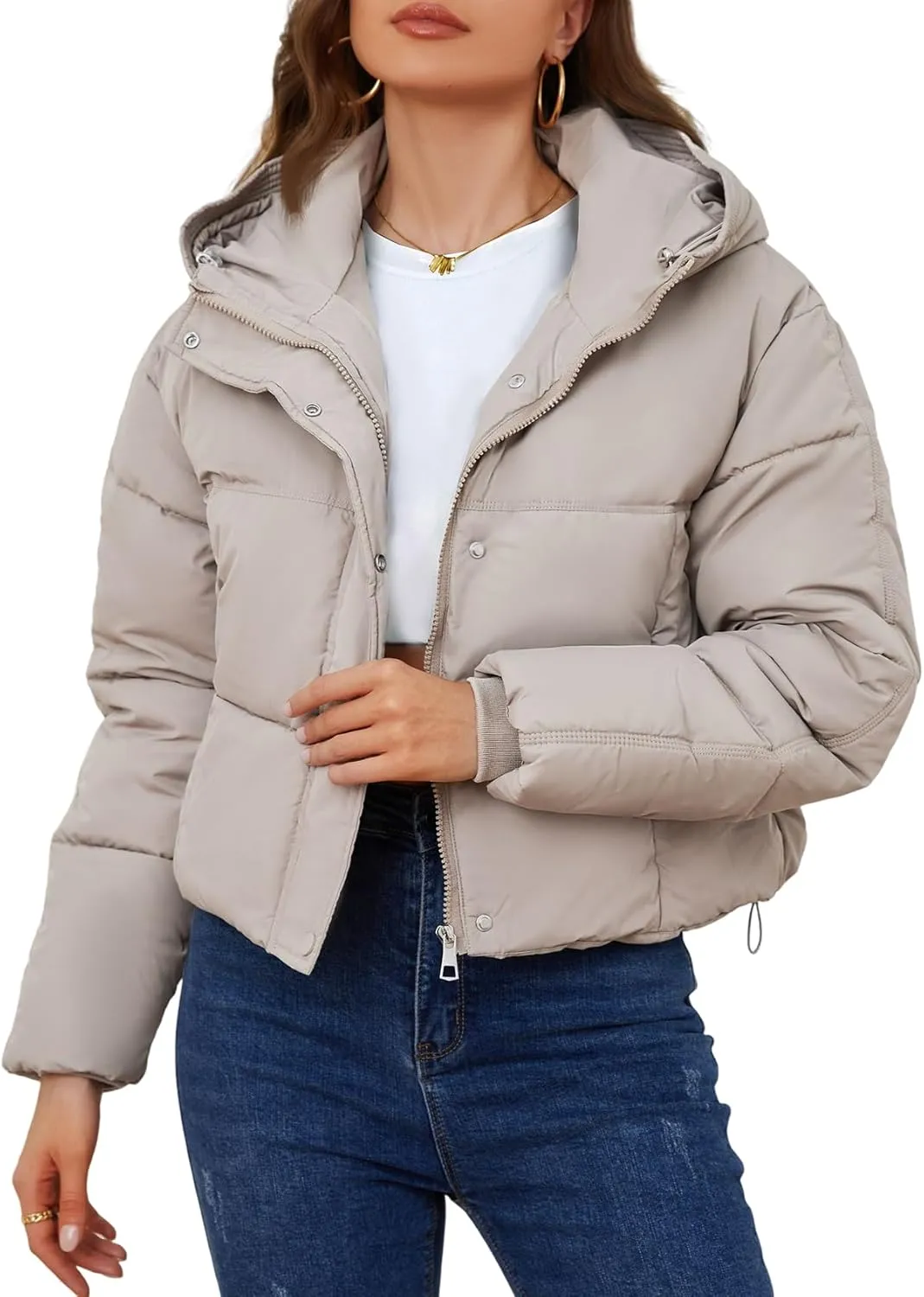 Yimoon Women's Cropped Puffer Jacket Hooded Zip Up Quilted Short Padded Coat Lightweight Winter Warm Outwear