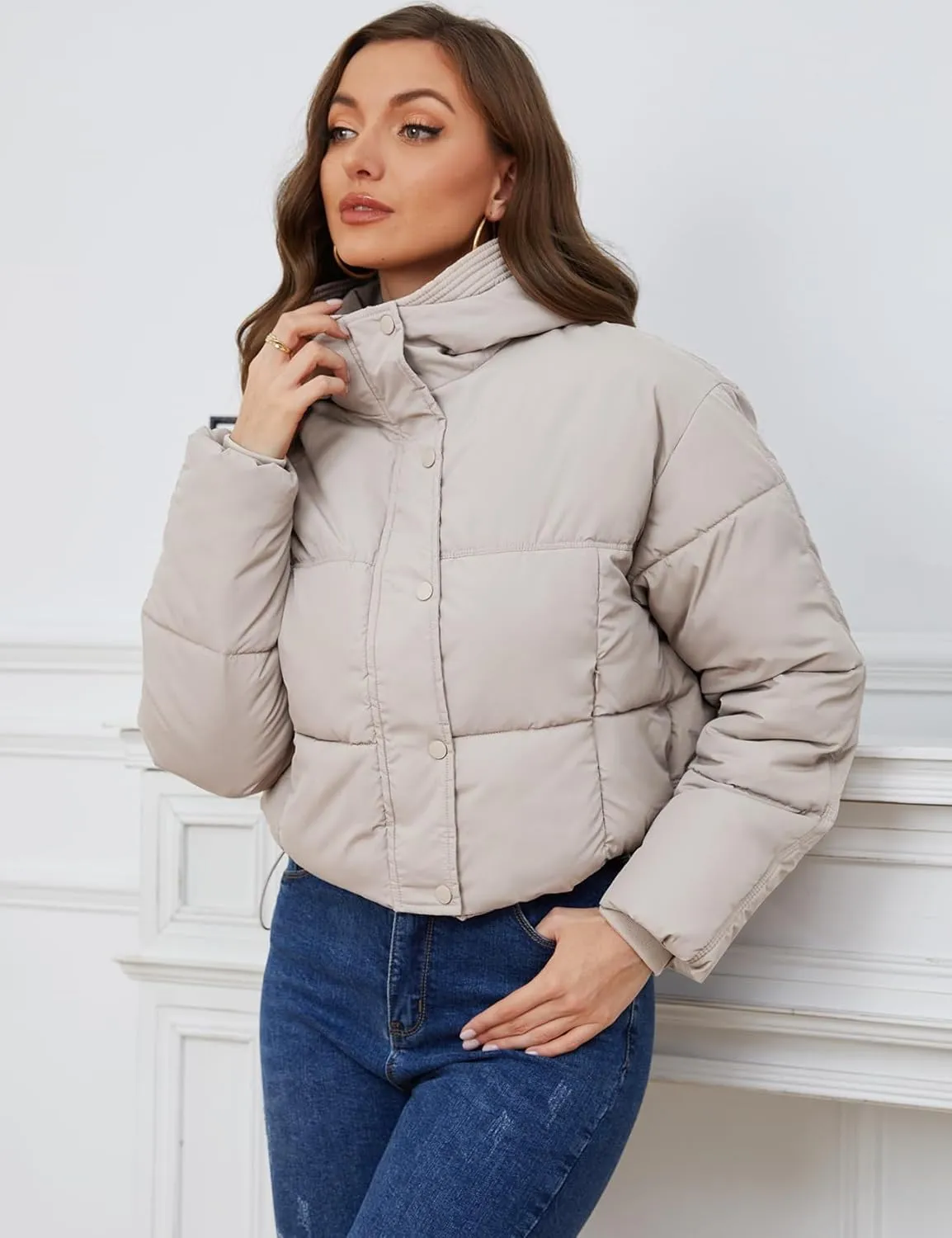 Yimoon Women's Cropped Puffer Jacket Hooded Zip Up Quilted Short Padded Coat Lightweight Winter Warm Outwear